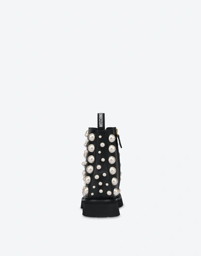 Shop Moschino Pearls Calfskin Combat Boot In Black