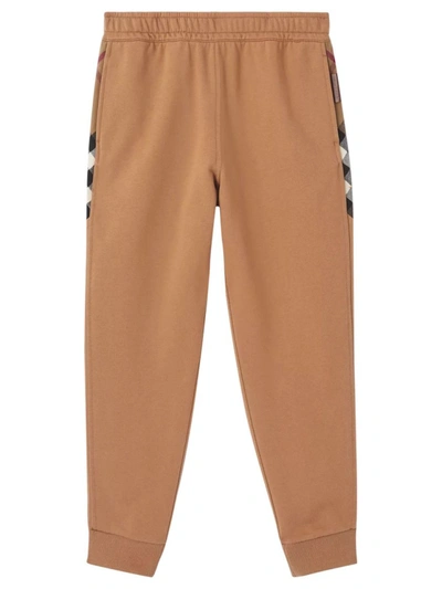 Shop Burberry Check Panel Cotton Jogging Pants Camel In Brown