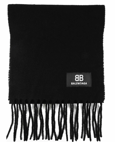 Shop Balenciaga Logo Patch Fringed Scarf In Black