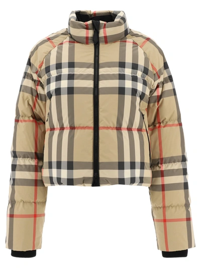 Shop Burberry Check Cropped Puffer Jacket In Beige