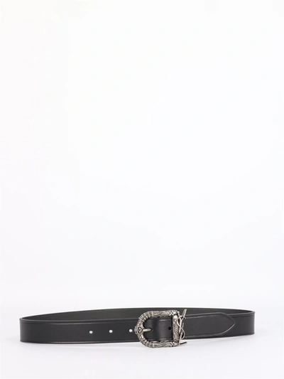 Shop Saint Laurent Monogram Engraved Buckle Belt In Black