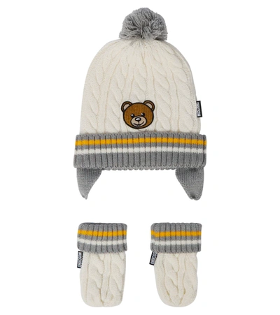 Shop Moschino Baby Hat And Mittens Set In Cloud