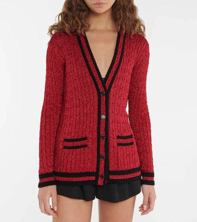 Shop Saint Laurent Cable-knit Cardigan In Rouge Brillant/noir