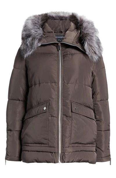 Shop French Connection Hooded Puffer Coat With Faux Fur Trim In Grey