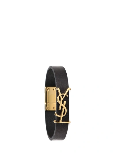 Shop Saint Laurent Opyum Leather Bracelet In Black