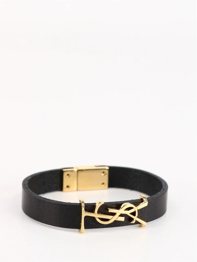 Shop Saint Laurent Opyum Leather Bracelet In Black