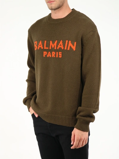 Shop Balmain Military Green Sweater With Logo