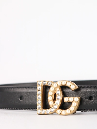 Shop Dolce & Gabbana Belt With Dg Logo In Rhinestones And Leather In Black