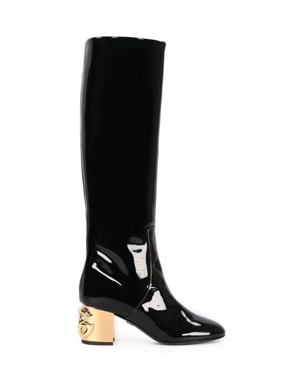 Shop Dolce & Gabbana Boots In Black Patent Leather And Gold Heel