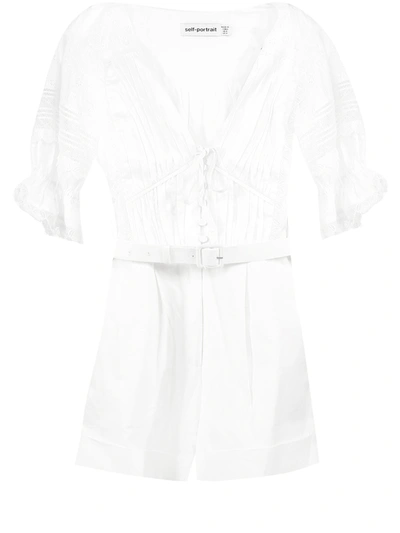 Shop Self-portrait Short Ebroidered Jumpsuit In White