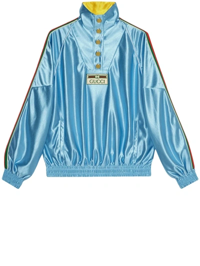 Shop Gucci Shiny Jersey Sweatshirt With Web Tape In Light Blue