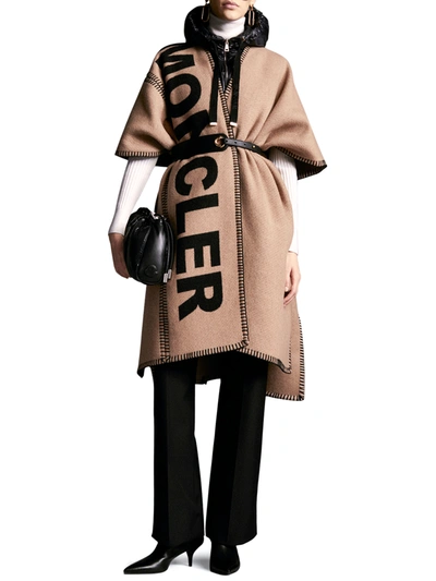 Shop Moncler Wool Cape With Maxi Logo In Beige