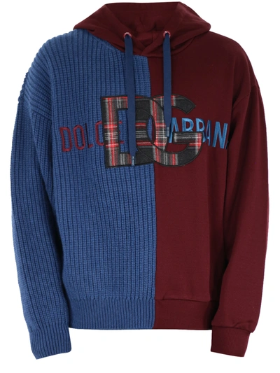 Shop Dolce & Gabbana Sweatshirt In Jersey And Wool With Hood And Patch In Blue