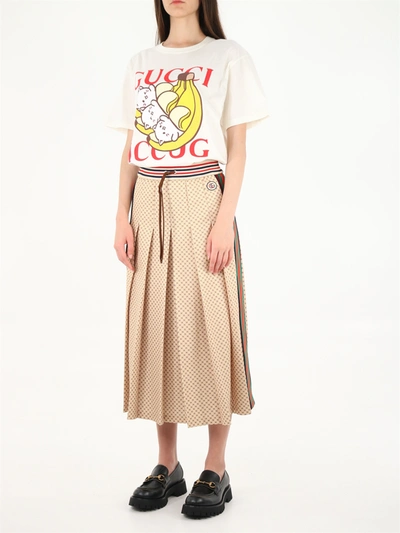 Shop Gucci Pleated Midi Skirt With Gg In Beige