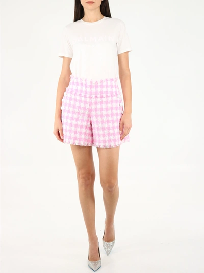 Shop Balmain White And Pink Tartan Tweed Shorts