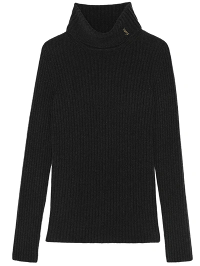 Shop Saint Laurent Ribbed Turtleneck Pullover In Black Wool And Cashmere