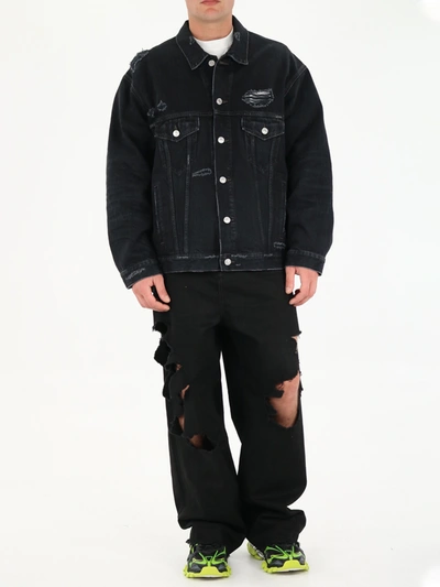 Shop Balenciaga Barcode Denim Jacket With Rips In Black