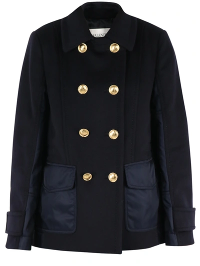 Shop Valentino Double-breasted Pea Coat In Blue Wool And Nylon