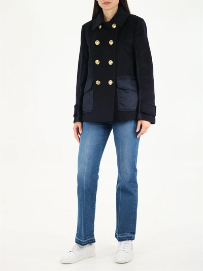 Shop Valentino Double-breasted Pea Coat In Blue Wool And Nylon