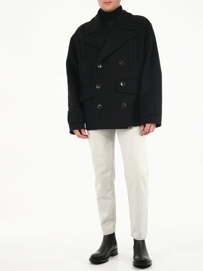 Shop Valentino Double-breasted Peacoat In Black Double Wool