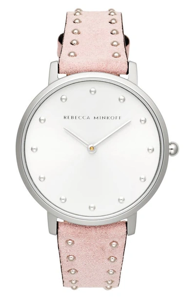 Shop Rebecca Minkoff Major Stud Leather Strap Watch, 35mm In Pink/ Silver
