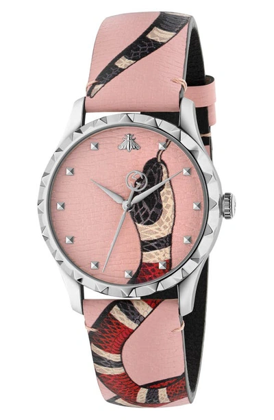 Shop Gucci G-timeless Snake Leather Strap Watch, 38mm In Pink/ Silver