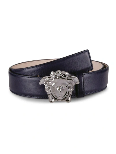 Shop Versace Men's Palazzo Medusa Buckle Leather Belt In Navy