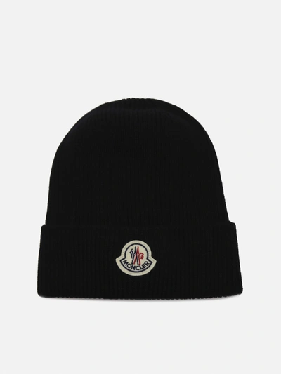 Shop Moncler Wool Hat With Logo Patch In Black