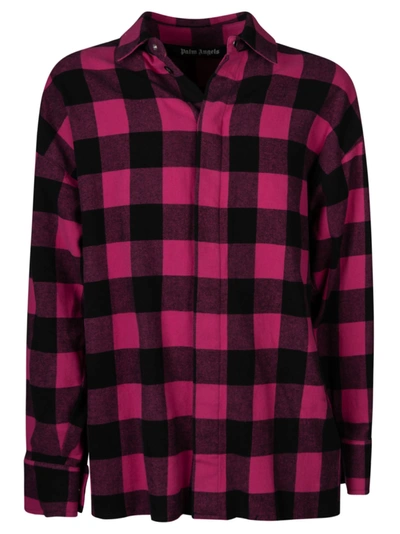 Shop Palm Angels Flannel Curved Logo Overshirt In Fuchsia/light Grey