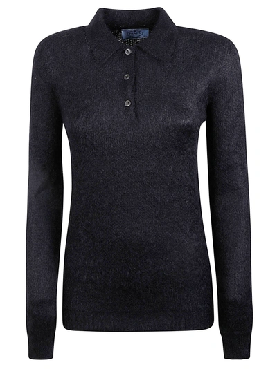 Shop Prada Longsleeve Rib Knit Polo Shirt In Nero