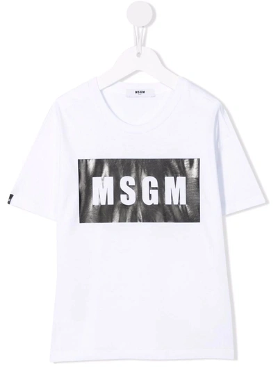Shop Msgm Kids White And Black Box Logo T-shirt In Bianco