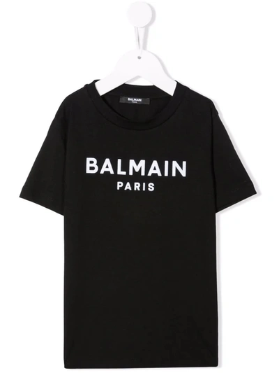 Shop Balmain Kids Black T-shirt With White Logo Print In Nero/bianco