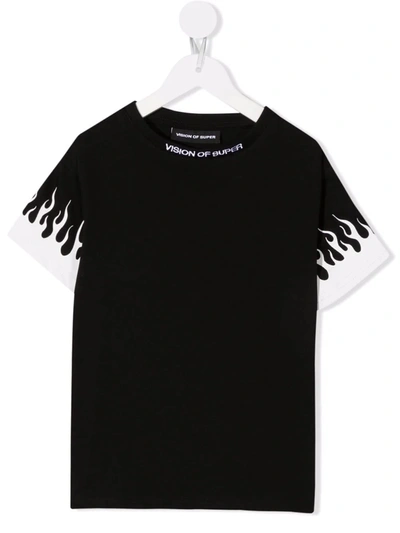 Shop Vision Of Super Black Kids T-shirt With White Flames In Black/white