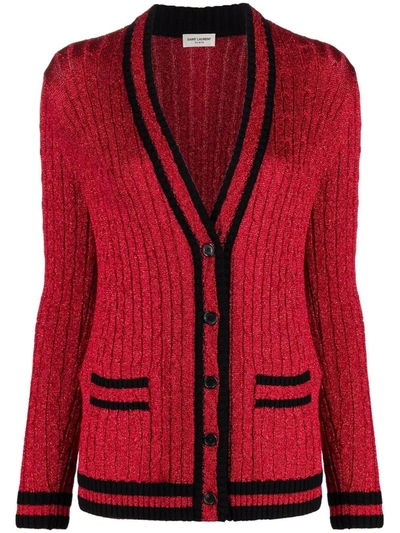 Saint Laurent Striped Metallic Cable-knit Cardigan In Rot