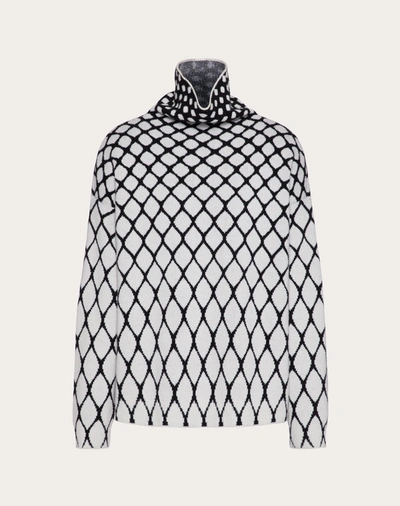 Shop Valentino Uomo Turtleneck Sweater In Wool And Jacquard Mesh In Ivory/black
