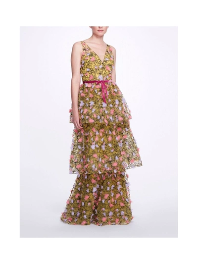 Shop Marchesa Notte Sleeveless V-neck 3-tiered Gown In Yellow