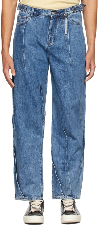 Shop Feng Chen Wang Blue Pleated Wide-leg Jeans