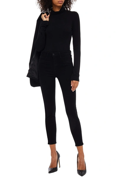 Shop L Agence Margot Cropped Velvet-trimmed High-rise Skinny Jeans In Black