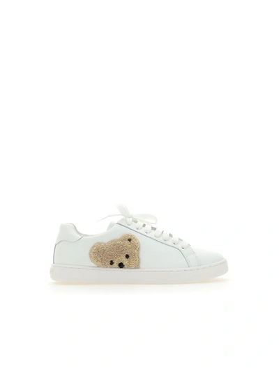 Palm Angels Teddy Embroidered Leather Sneakers In White Brown