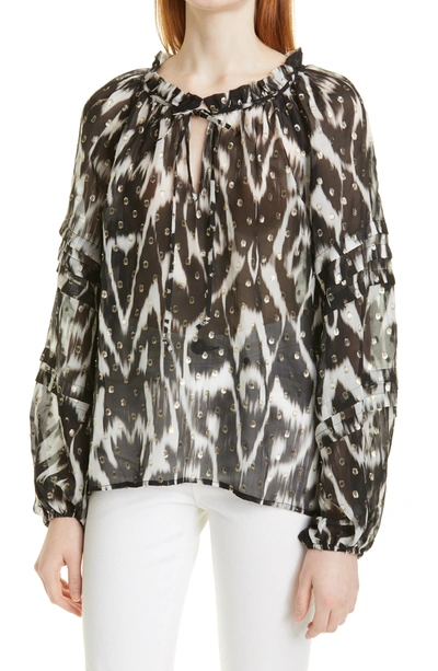 Shop Nicole Miller Ikat Peasant Top In Black/ White