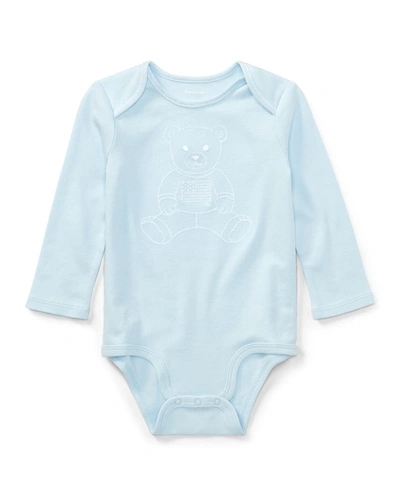 Shop Ralph Lauren Polo Bear Embroidered Long-sleeve Bodysuit In Blue