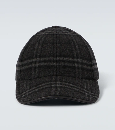 Shop Burberry Checked Wool And Cashmere Baseball Cap In Charcoal