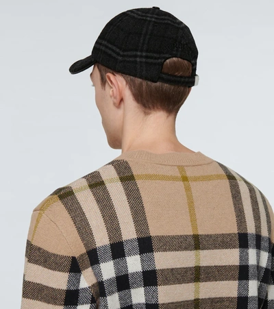 Shop Burberry Checked Wool And Cashmere Baseball Cap In Charcoal