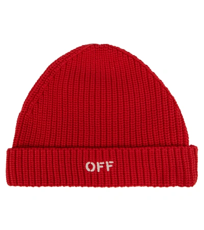 Shop Off-white Logo Cotton Beanie In Red White