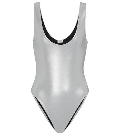 Shop Saint Laurent Lamé Jersey Bodysuit In Silver