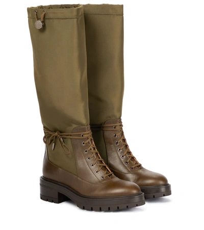 Shop Aquazzura Leather-trimmed Knee-high Boots In Dk Moss Green