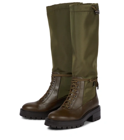 Shop Aquazzura Leather-trimmed Knee-high Boots In Dk Moss Green