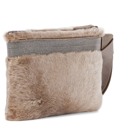 Shop Brunello Cucinelli Embellished Shearling Clutch In Brown Freddo