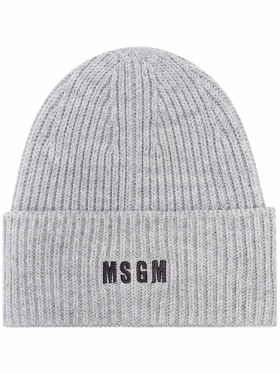 Shop Msgm Embroidered-logo Beanie In Grey