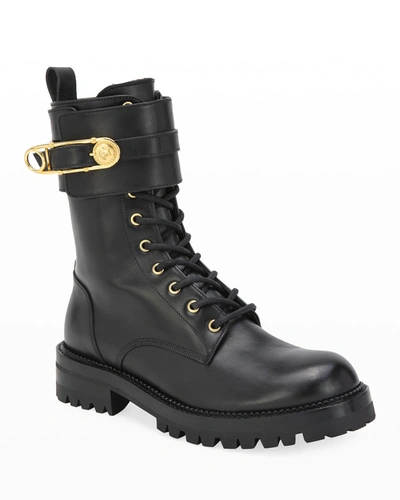 Shop Versace Safety Pin Leather Boots In Blackgold